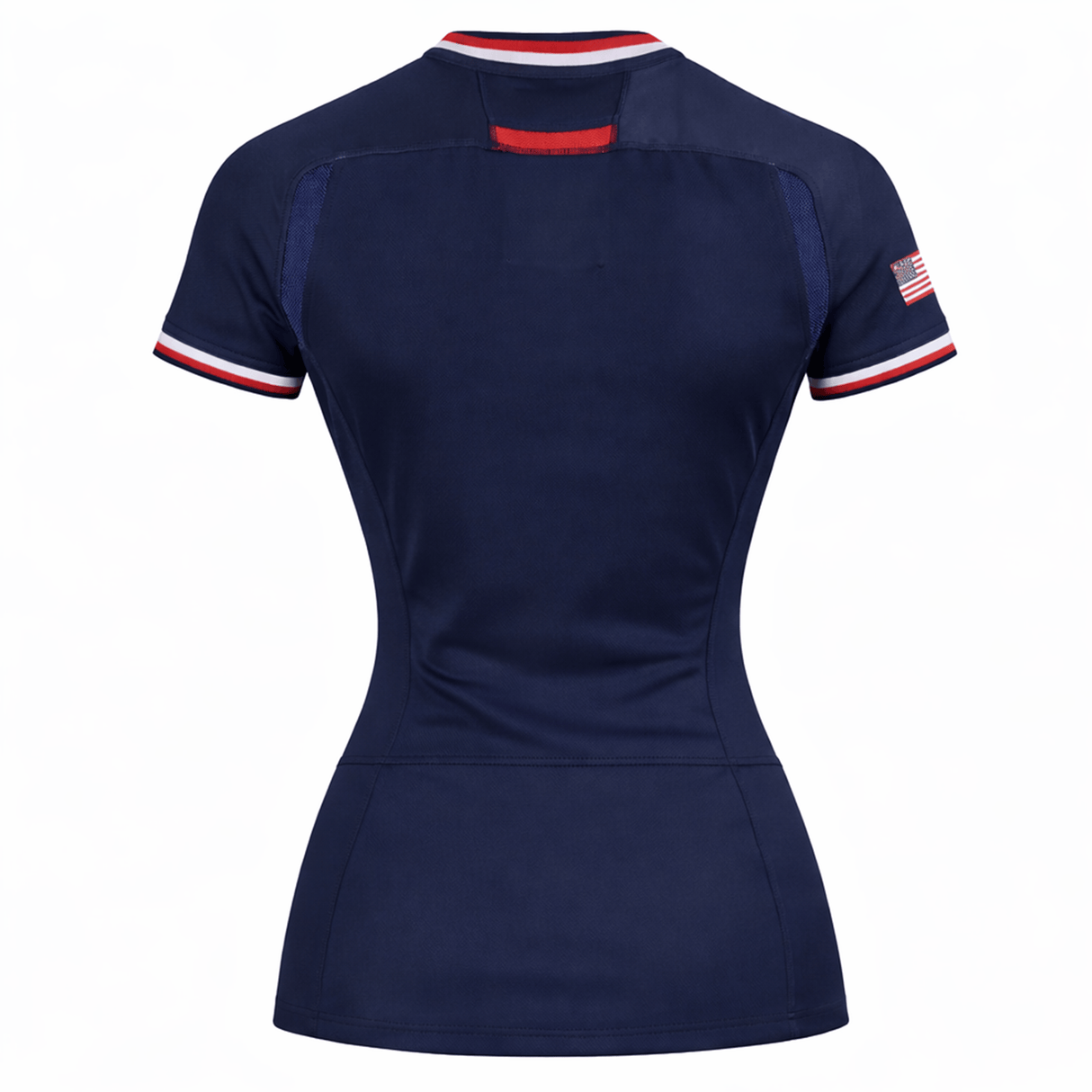 The Women's USA Rugby 24/25 Home Body Fit Jersey by Macron features a navy design, red and white striped sleeve cuffs, and a small American flag patch on the left sleeve, shown here from the back.