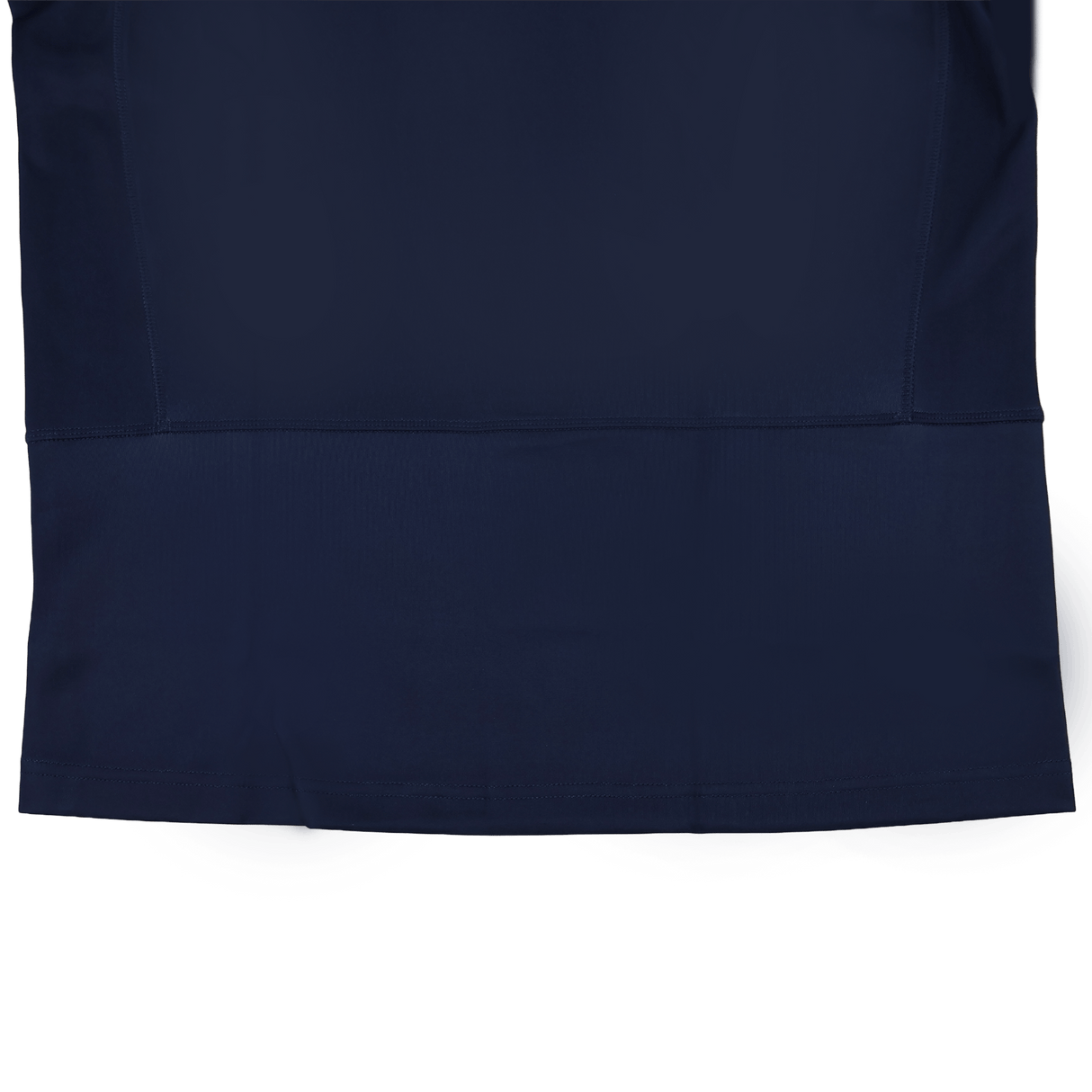 A close-up of the bottom portion of the Women's USA Rugby 24/25 Home Body Fit Jersey by Macron highlights the stitching and fabric texture of this plain navy blue garment.
