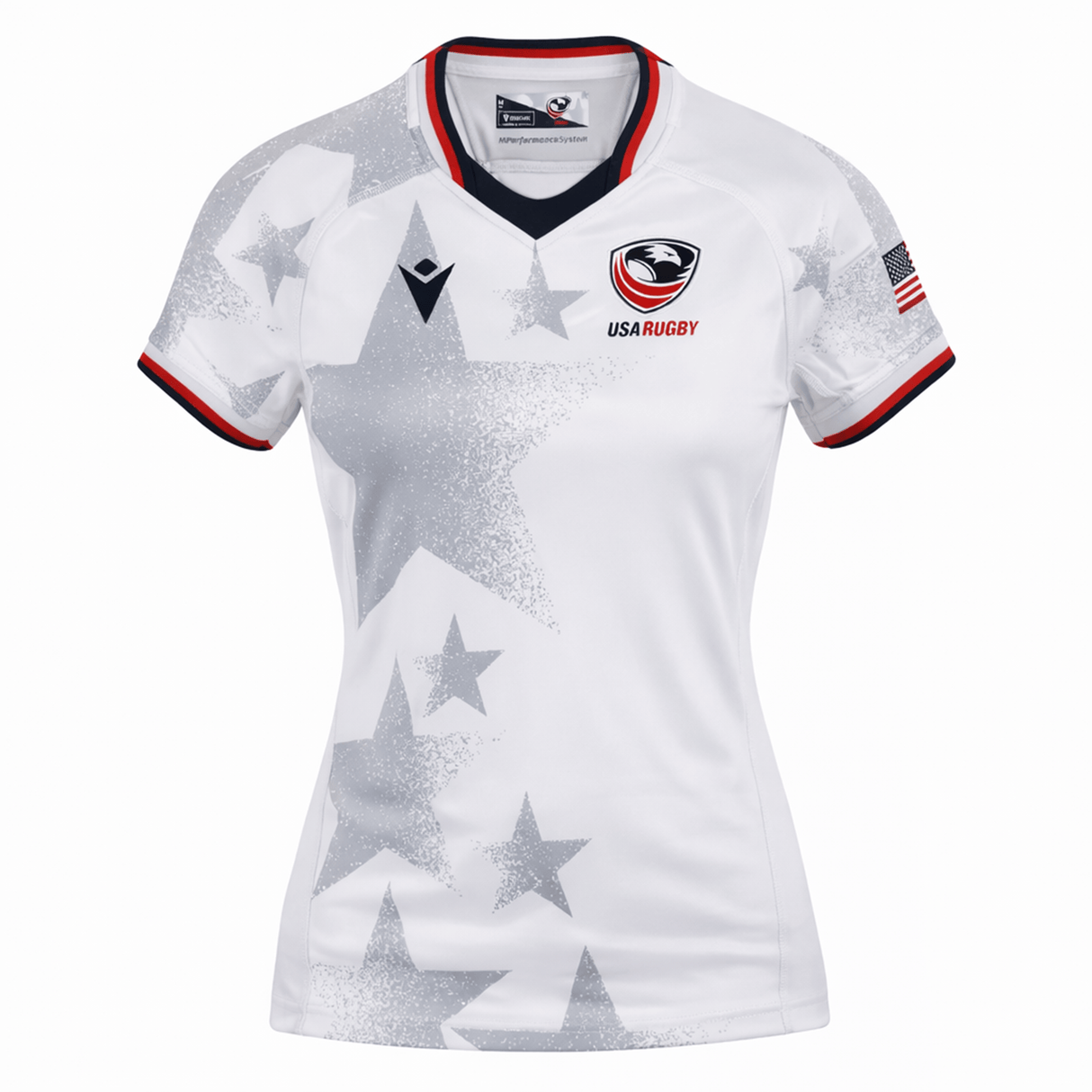 The Women's USA Rugby 24/25 Away Body Fit Jersey by Macron features a body-fit design, gray stars, navy and red trim, the USA Rugby logo on the chest, and an American flag patch on the right sleeve.