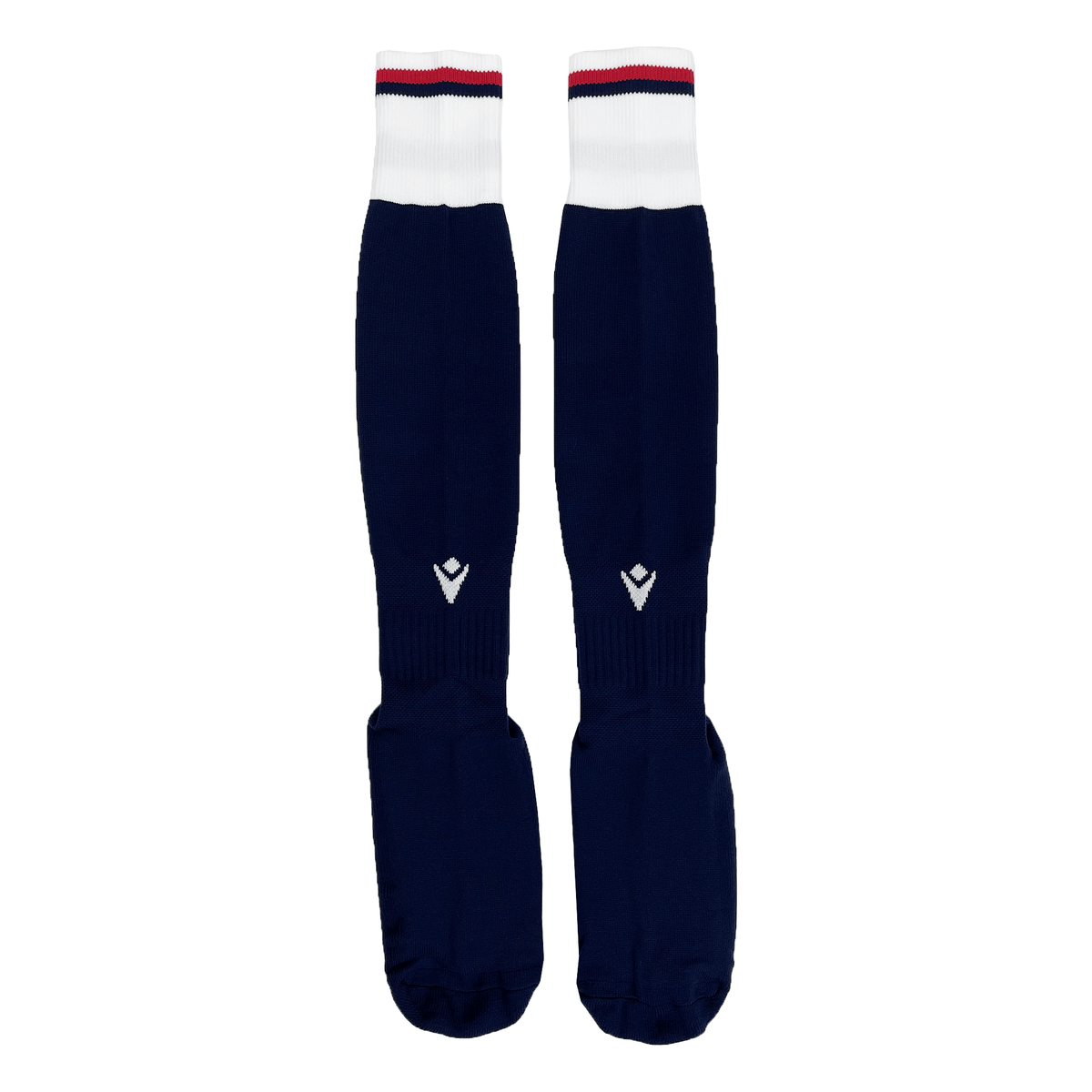 The USA Rugby 25 Matchday Home Socks by Macron, in navy blue with white cuffs and red stripes, are crafted from Renycle yarn and displayed side by side on a white background.