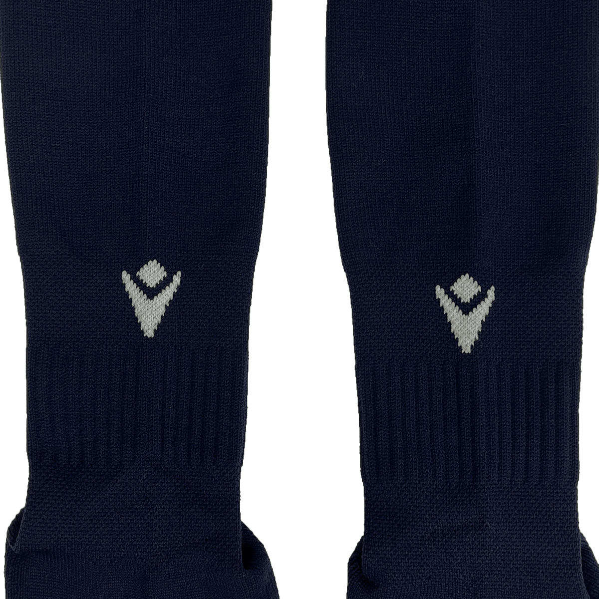 Close-up of two navy blue USA Rugby 25 Matchday Home Socks by Macron, crafted with Renycle yarn and featuring a white chevron-like logo near the top ribbed section.