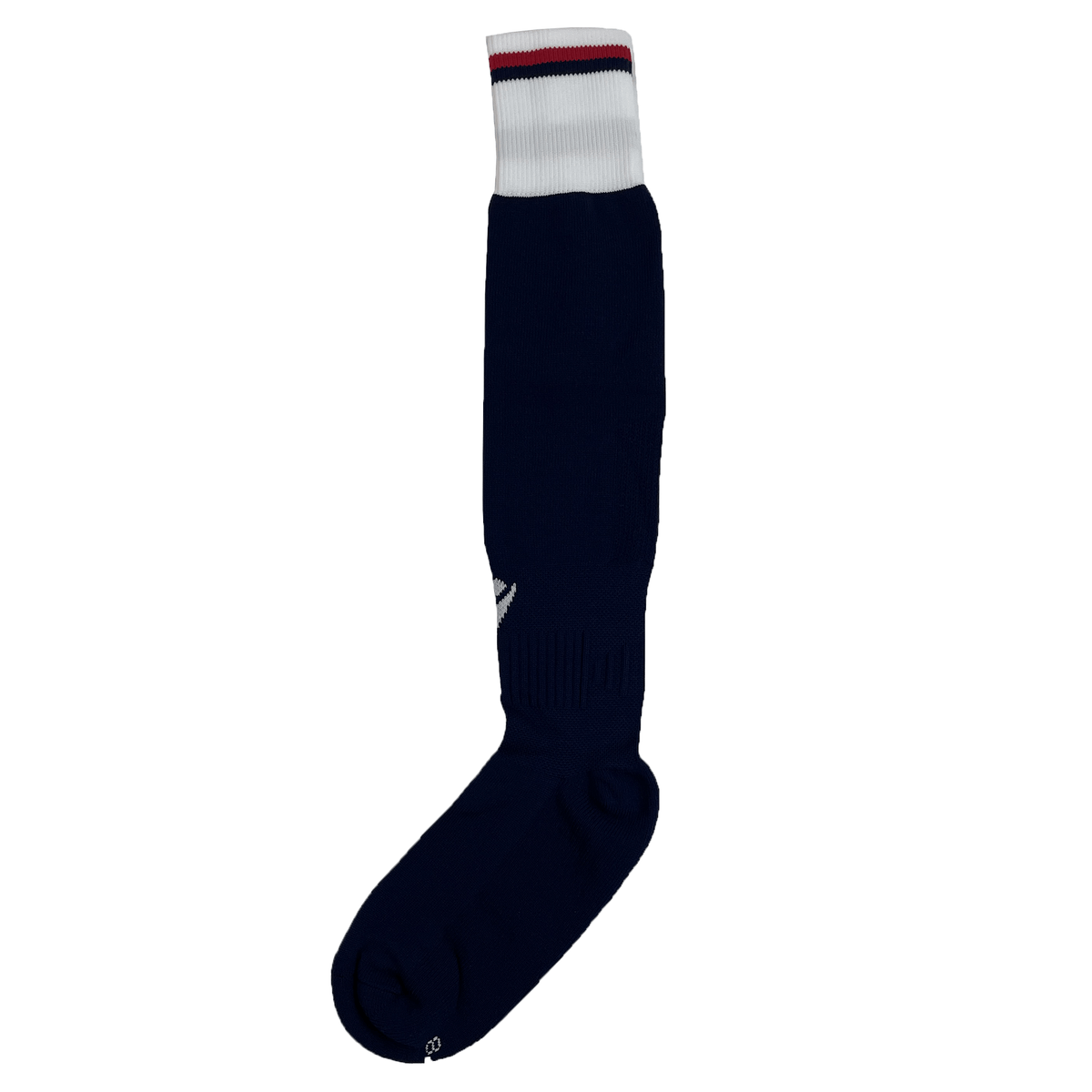 The USA Rugby 25 Matchday Home Sock by Macron is a navy blue knee-high sock with a white cuff and red and black stripes, made from recycled nylon.