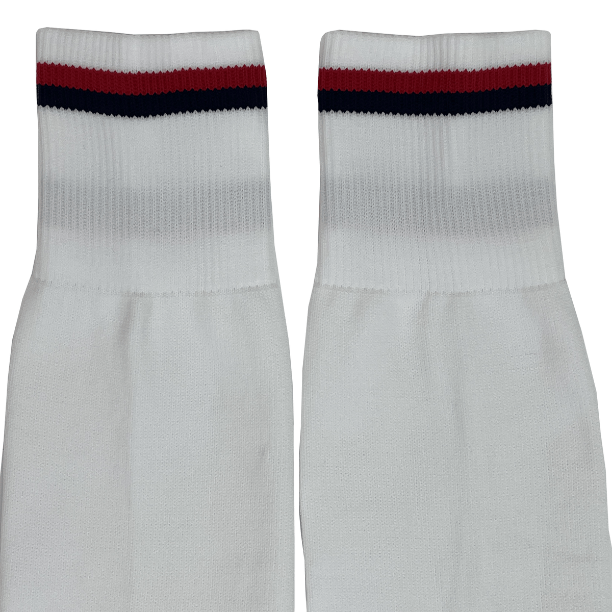 The USA Rugby 25 Matchday Away Socks by Macron are white crew socks with a red and navy blue stripe near the top, made from durable Renycle yarn for comfort and performance.