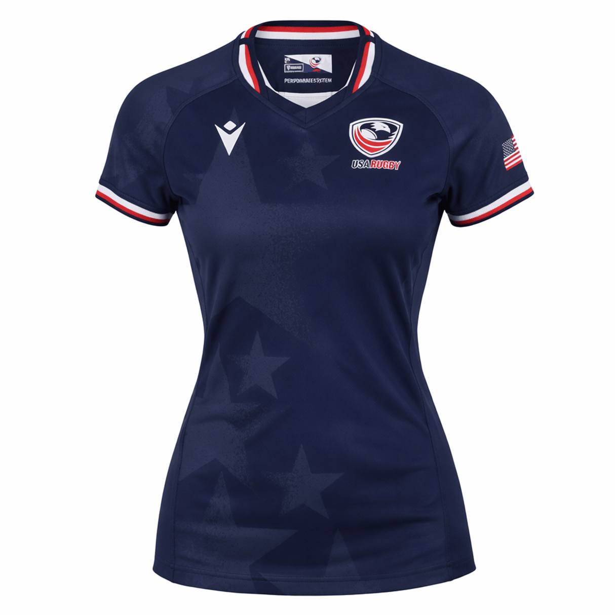 The Women's USA Rugby 24/25 Home Bodyfit Shirt by Macron features a navy blue design with white and red trim, USA Rugby chest logo, American flag sleeve patch, and a subtle star pattern on the front.