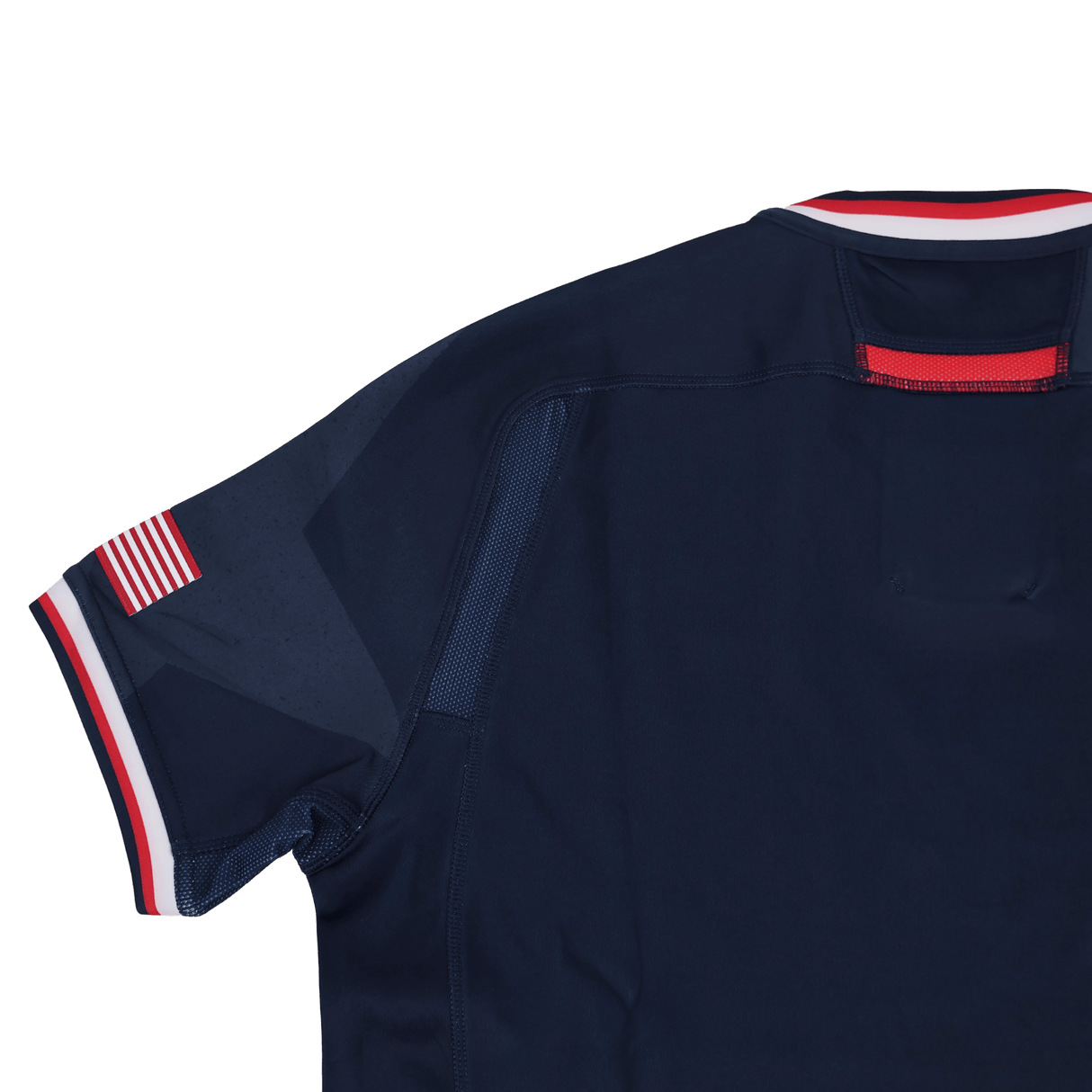 The Women's USA Rugby 24/25 Home Bodyfit Shirt by Macron features a navy blue design with red, white, and blue trim on the collar and sleeves plus a small American flag patch—perfect as an official rugby jersey.