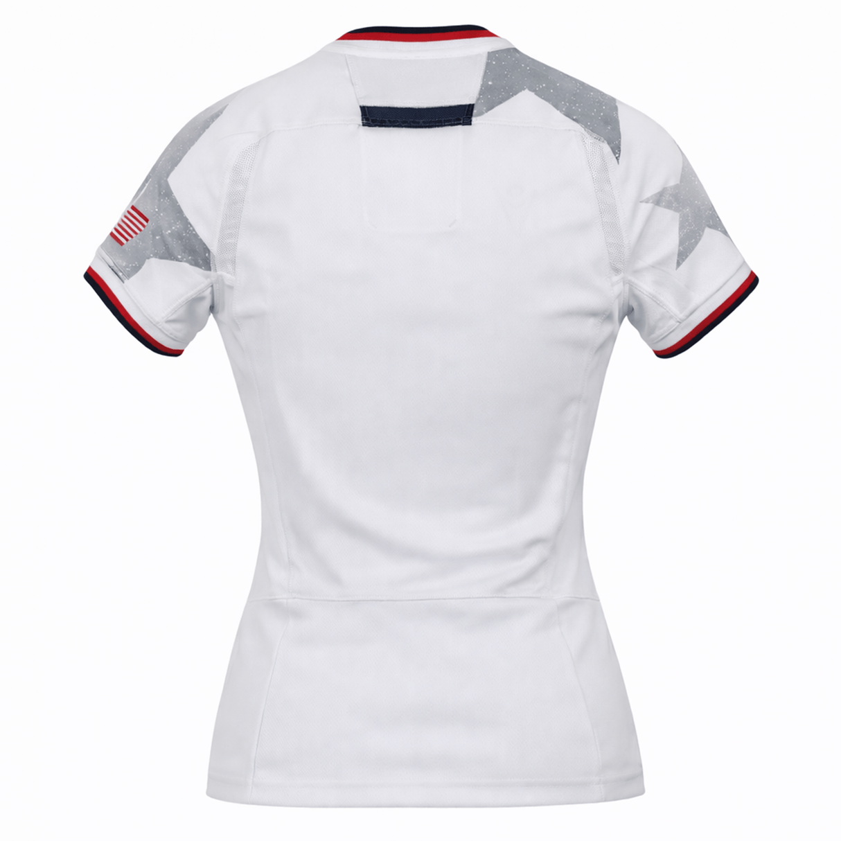 Back view of the Women's USA Rugby 24/25 Away Bodyfit Shirt by Macron: a white fitted jersey with gray stars on the shoulders, red and black sleeve trim, plus a small American flag patch—authentic Macron quality for USA Rugby fans.