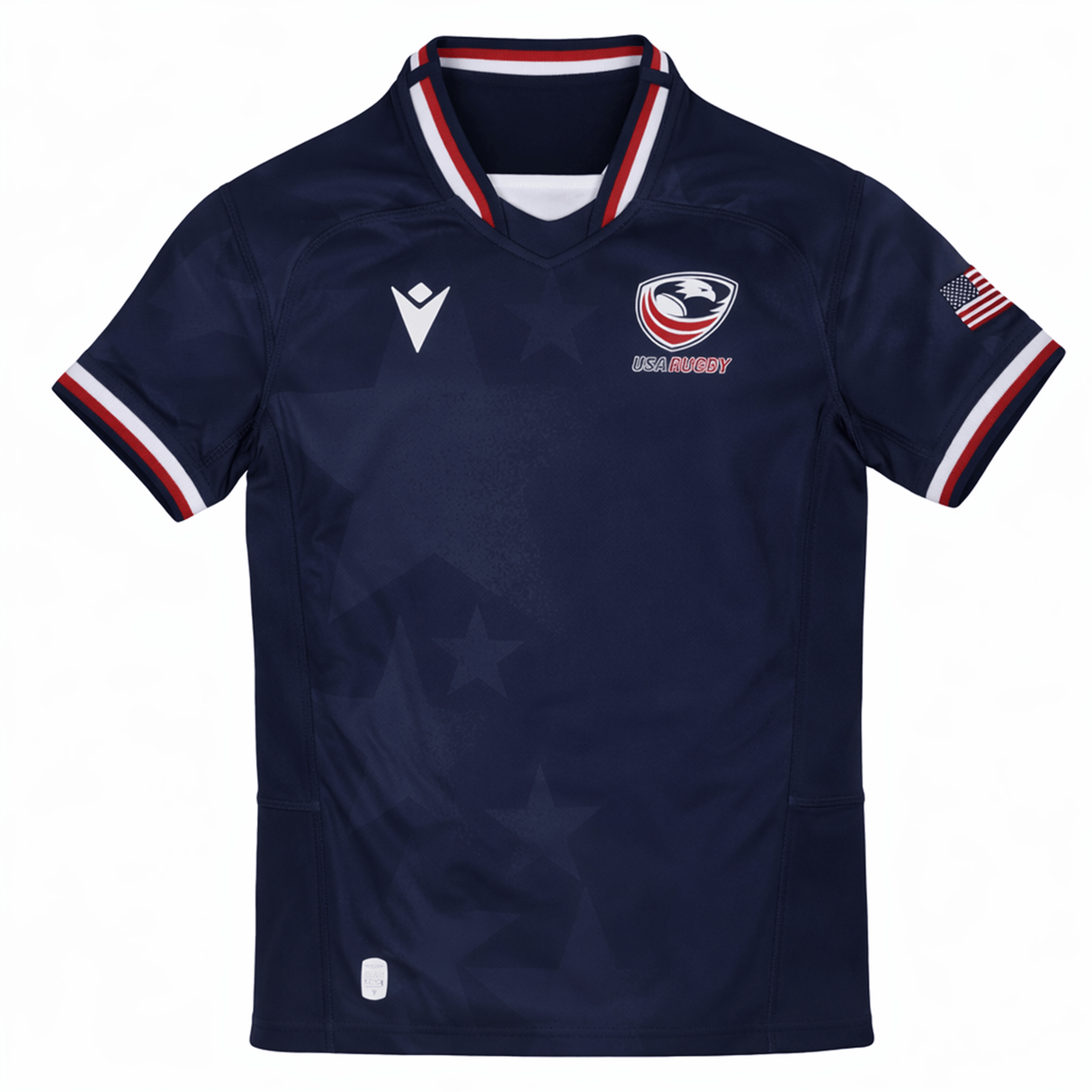 The Youth USA Rugby 24/25 Home Jersey by Macron features red, white, and blue trim, the USA Rugby logo on the chest, and an American flag patch on the sleeve—ideal for young rugby fans.