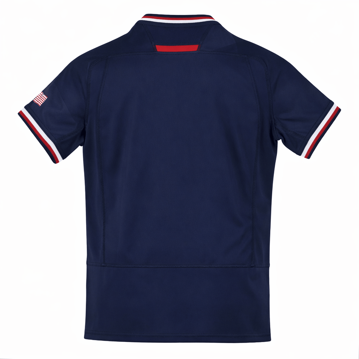 The Youth USA Rugby 24/25 Home Jersey by Macron is a navy short-sleeve rugby shirt viewed from the back, with red, white, and blue trim on the collar/sleeves and a small American flag patch on the left sleeve for classic USA Rugby style.