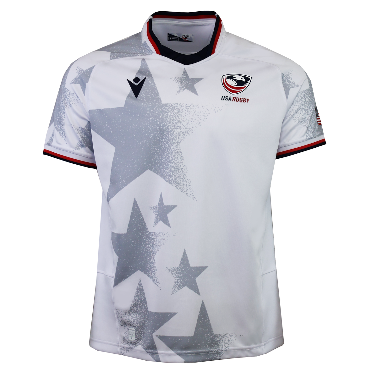 The USA Rugby 25/26 Replica Away Jersey by Macron features gray star patterns, a USA Rugby logo on the chest, and red, white, and blue trim for an authentic and patriotic look.