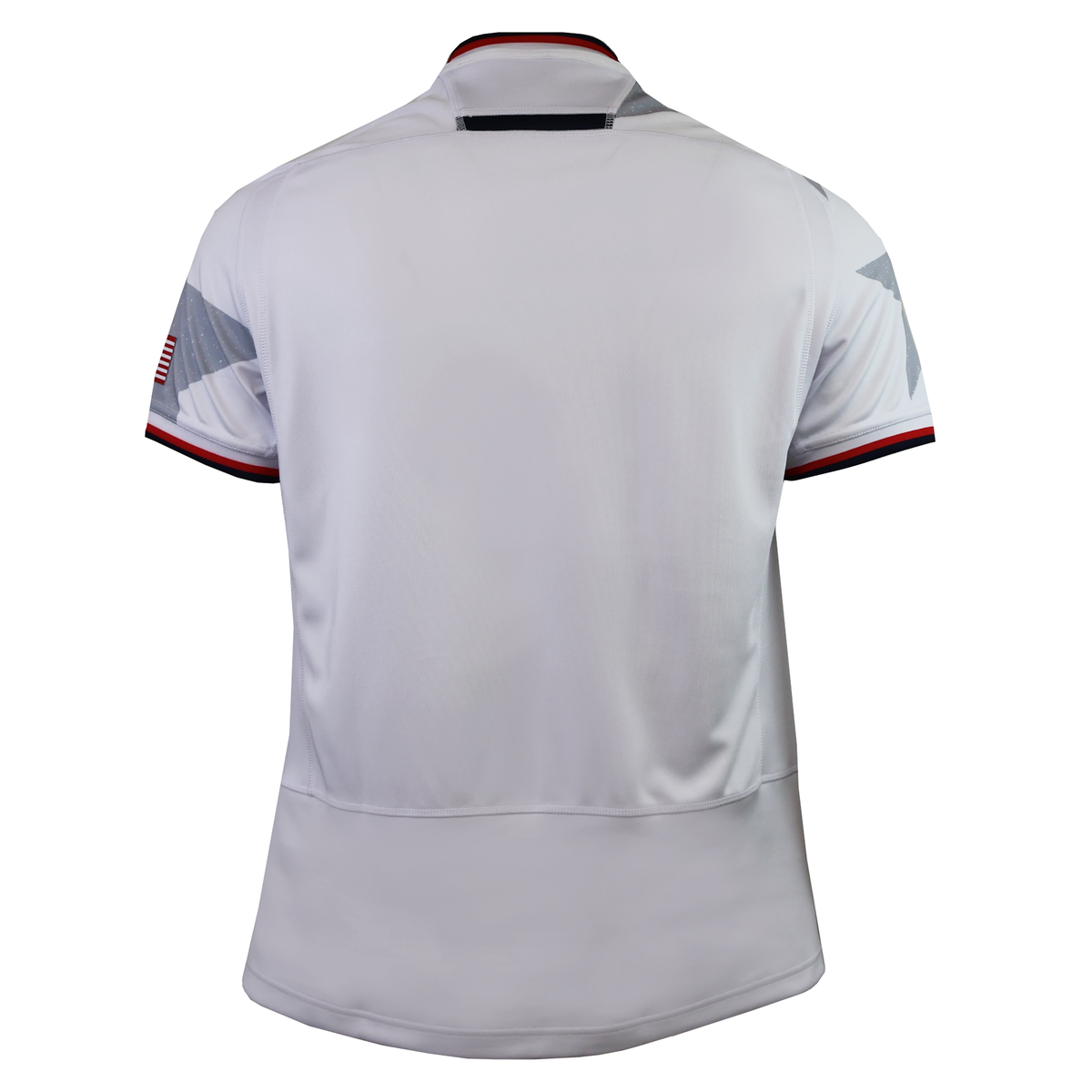 The USA Rugby 25/26 Replica Away Jersey by Macron is shown from the back, featuring white short sleeves, red and black trim on the collar and sleeves, and a subtle star pattern on the shoulders.