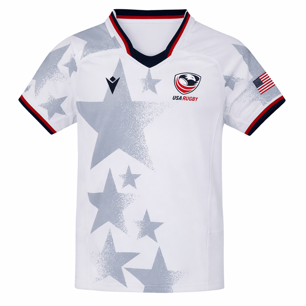 The Youth USA Rugby 24/25 Away Jersey by Macron features gray star patterns, red, white, and blue trim, a USA Rugby logo on the chest, and an American flag patch on the right sleeve.
