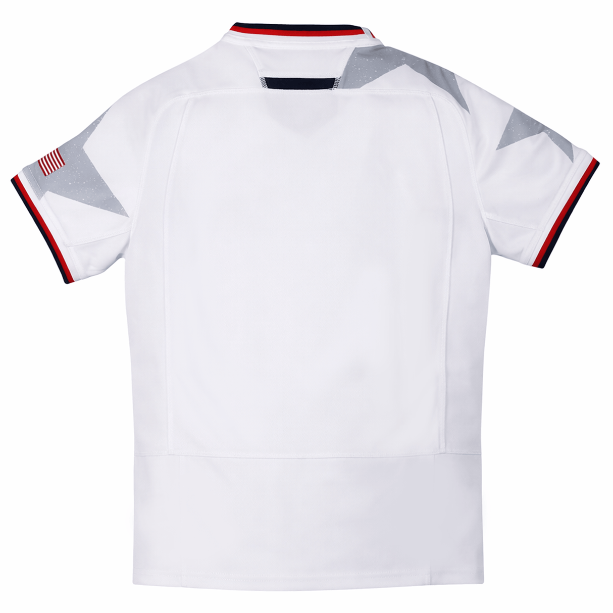 Back view of the Youth USA Rugby 24/25 Away Jersey by Macron, white with red, white, and blue trim, American flag sleeve patch, and gray star details on the shoulders.