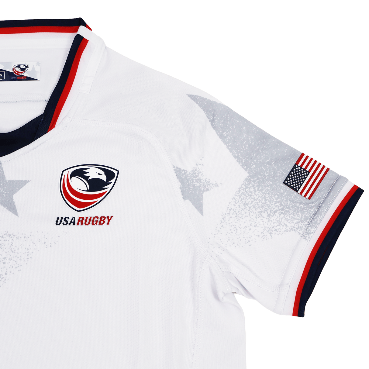Youth USA Rugby 24/25 Away Jersey by Macron features an eagle logo, “USA RUGBY” text, American flag sleeve patch, red/white/blue trim, and subtle star patterns on the shoulder.