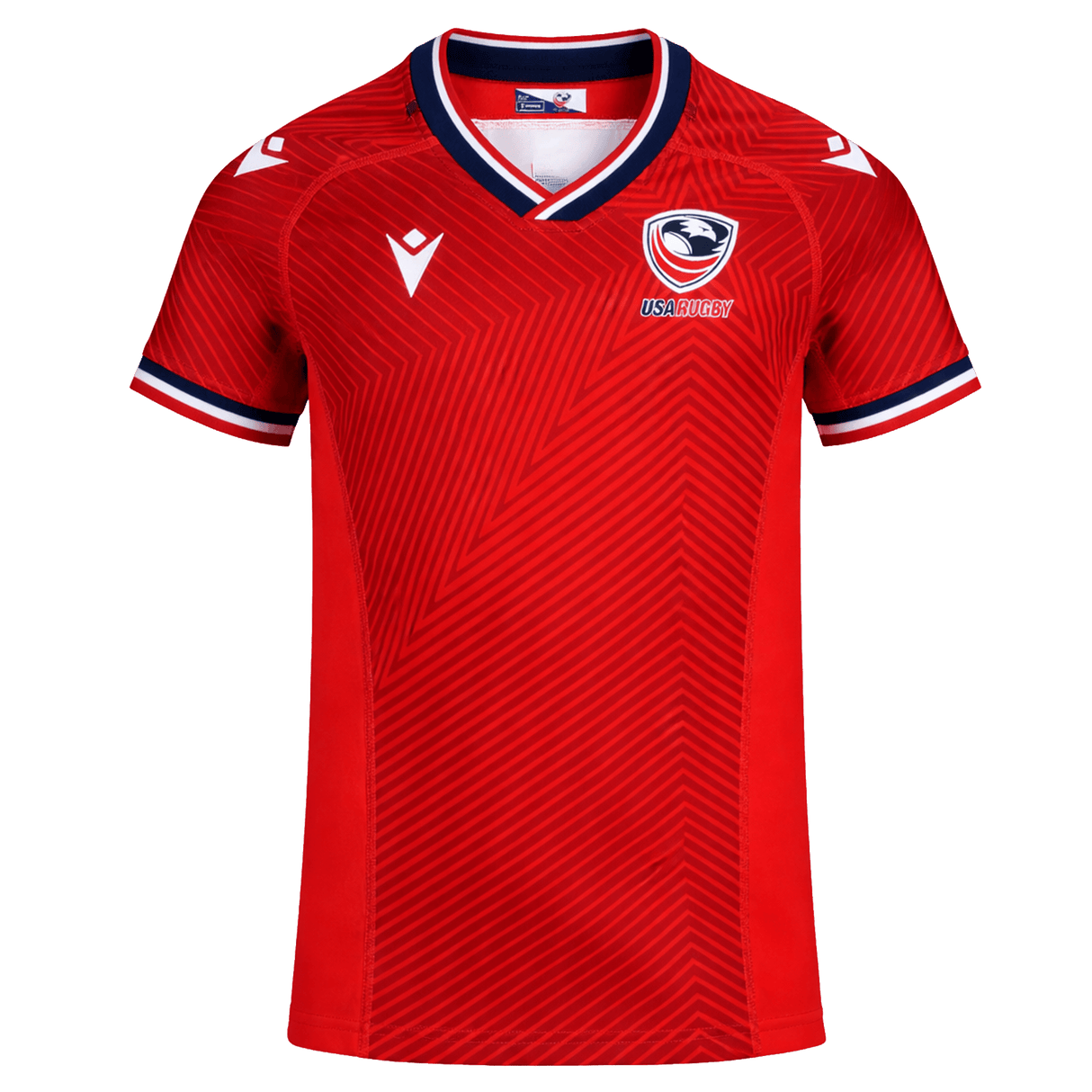 The Youth USA Rugby Training Jersey by Macron is red with white and navy trim, features the USA Rugby logo on the chest, and has chevron patterns across the front.