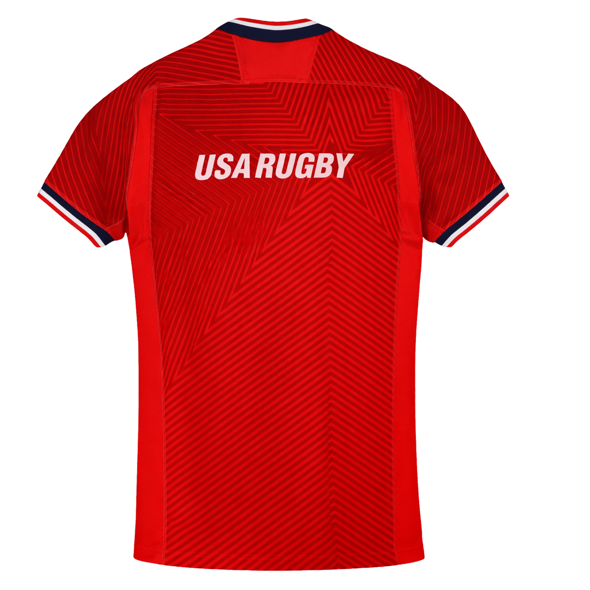 The Youth USA Rugby Training Jersey by Macron features "USA RUGBY" in white on the back, red geometric patterns, and short sleeves with striped cuffs—ideal for young fans to train or support their team.