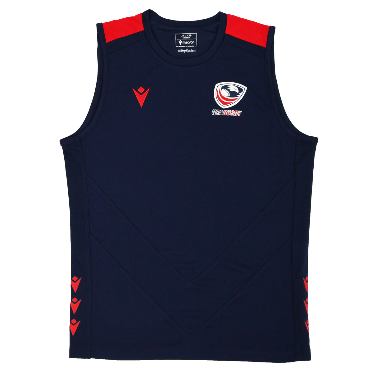 The Youth USA Rugby 24/25 Training Poly Singlet by Macron features a navy blue sleeveless design with red shoulder and side accents, plus the USA Rugby logo on the chest—ideal official training wear for young rugby players.