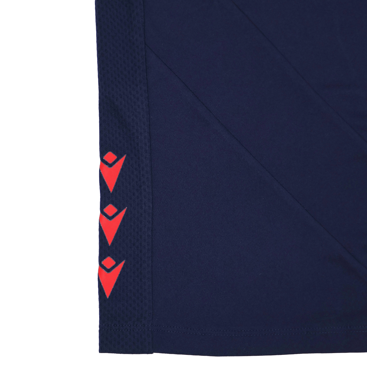 Close-up of the Youth USA Rugby 24/25 Training Poly Singlet by Macron, a navy blue youth training apparel featuring three red geometric logos in a vertical line on the side panel.