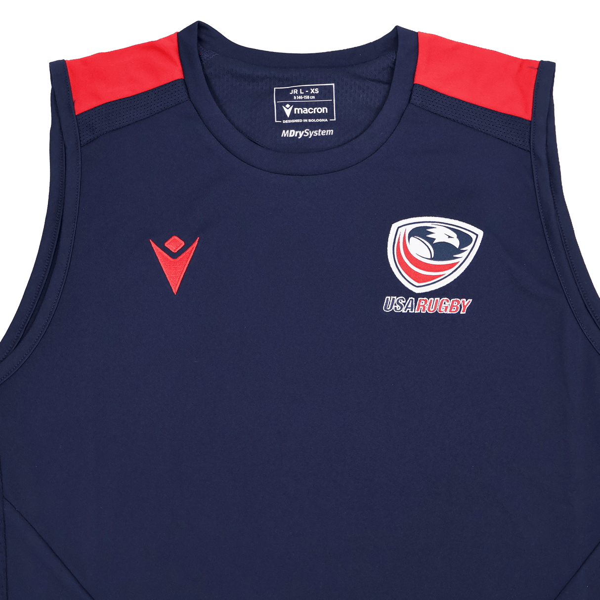 The Youth USA Rugby 24/25 Training Poly Singlet by Macron features a navy blue design with red shoulder accents, the Macron logo on the left chest, and the USA Rugby logo on the right—ideal for youth training sessions.