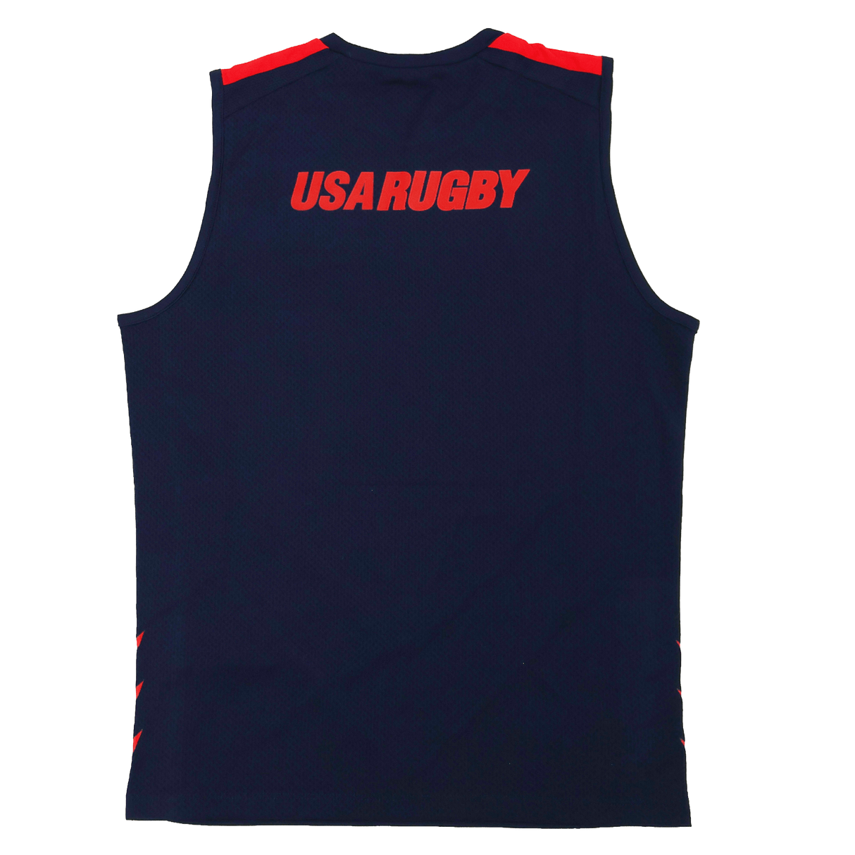 The Youth USA Rugby 24/25 Training Poly Singlet by Macron is a navy blue sleeveless top with red shoulder accents and "USA RUGBY" in bold red on the upper back—perfect for youth training sessions.