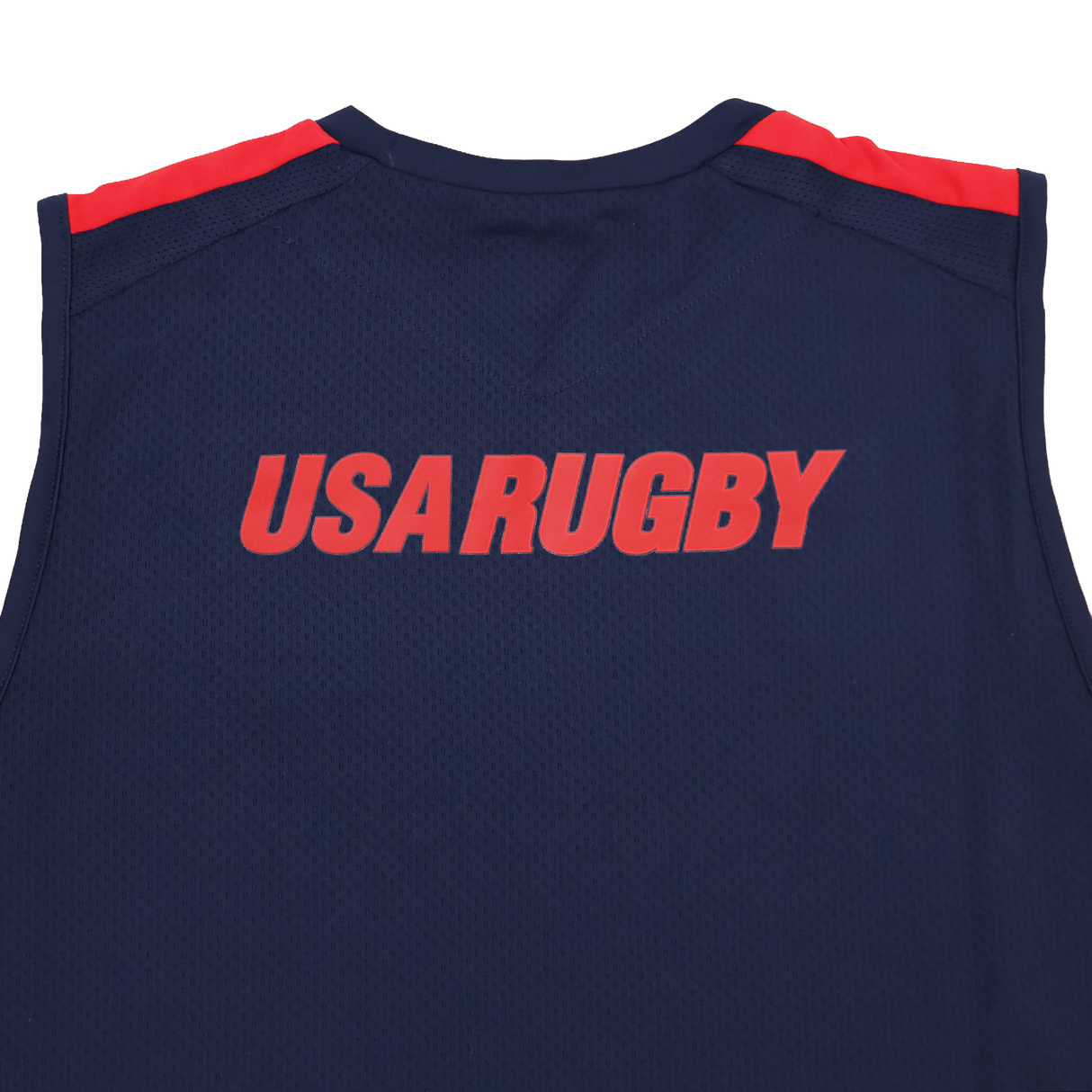 The Youth USA Rugby 24/25 Training Poly Singlet by Macron is a navy high-performance rugby singlet with bold red "USA RUGBY" on the upper back and red shoulder accents.