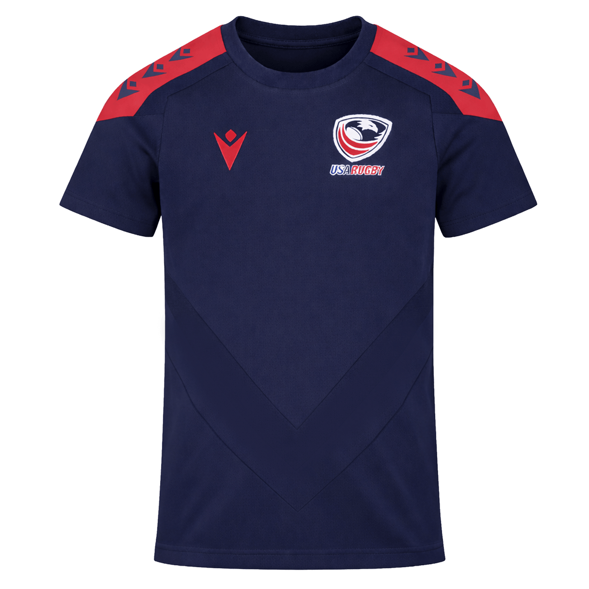 The Youth USA Rugby 24/25 Training Poly Shirt by Macron features navy blue fabric, red shoulder accents, chevron detailing, and the USA Rugby logo on the left chest—perfect for young fans and training sessions.