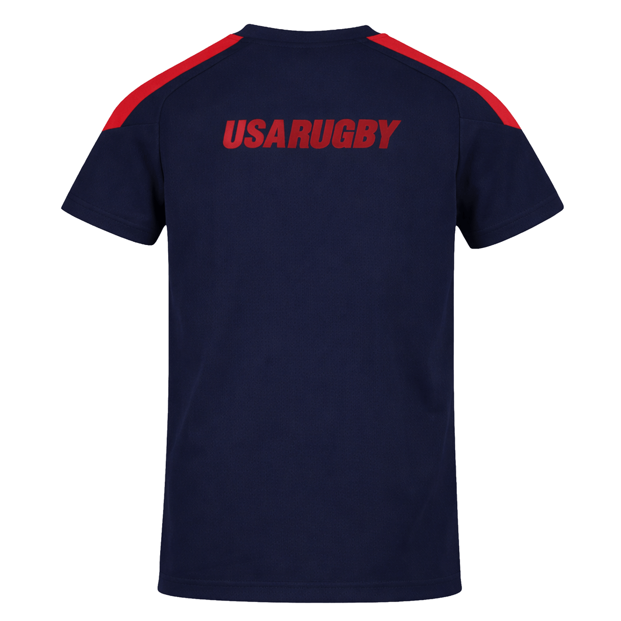 The Youth USA Rugby 24/25 Training Poly Shirt by Macron features navy blue fabric, red shoulder stripes, and "USARUGBY" in red on the back—ideal for youth rugby training sessions.