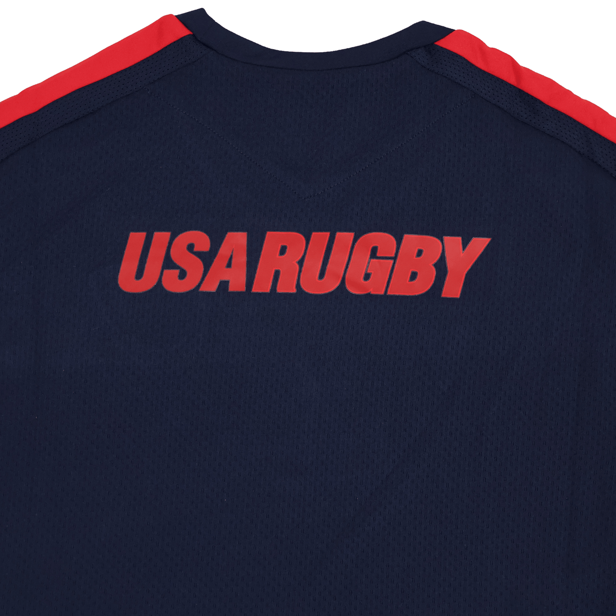 The Youth USA Rugby 24/25 Training Poly Shirt by Macron features a navy blue design with red shoulder stripes and bold "USARUGBY" print across the upper back—ideal for youth rugby training.