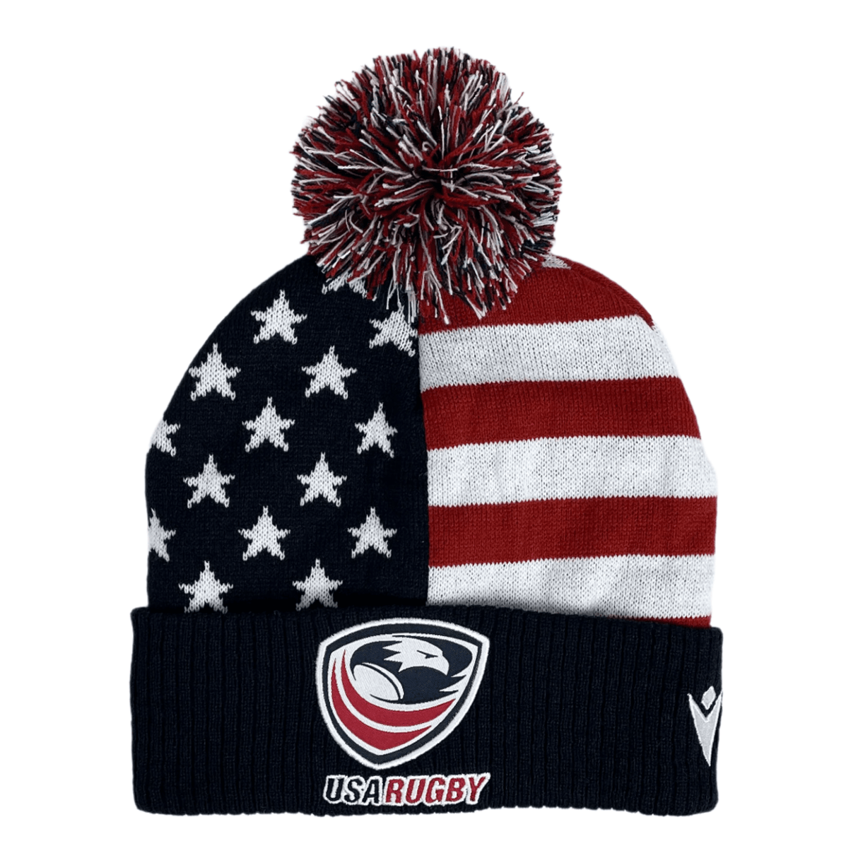 Show your team pride with the USA Rugby 25 Pom-Pom Beanie by Macron. This cozy beanie features a cuffed design, USA Rugby logo, and an American flag motif with stars on one half and stripes on the other.