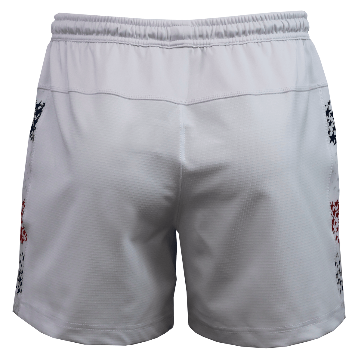 Back view of the USA Rugby 25/26 Home Shorts by Macron shows an elastic waistband, subtle red and blue side details, and embroidered logos. These Macron shorts offer moisture-wicking comfort for on or off the field.