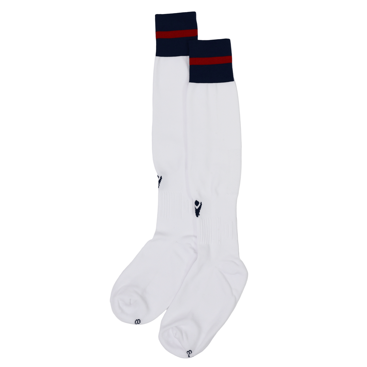 The USA Rugby M25/26 Home Socks by Macron are long white performance socks featuring red and navy blue stripes at the top, shown side by side on a white background.