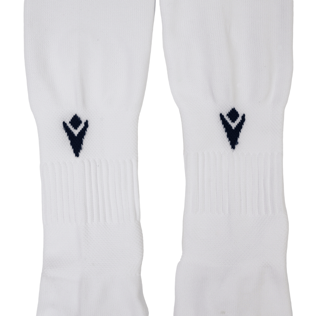 Close-up of USA Rugby M25/26 Home Socks by Macron—white socks with a black geometric logo near the top, designed for premium comfort and durability.