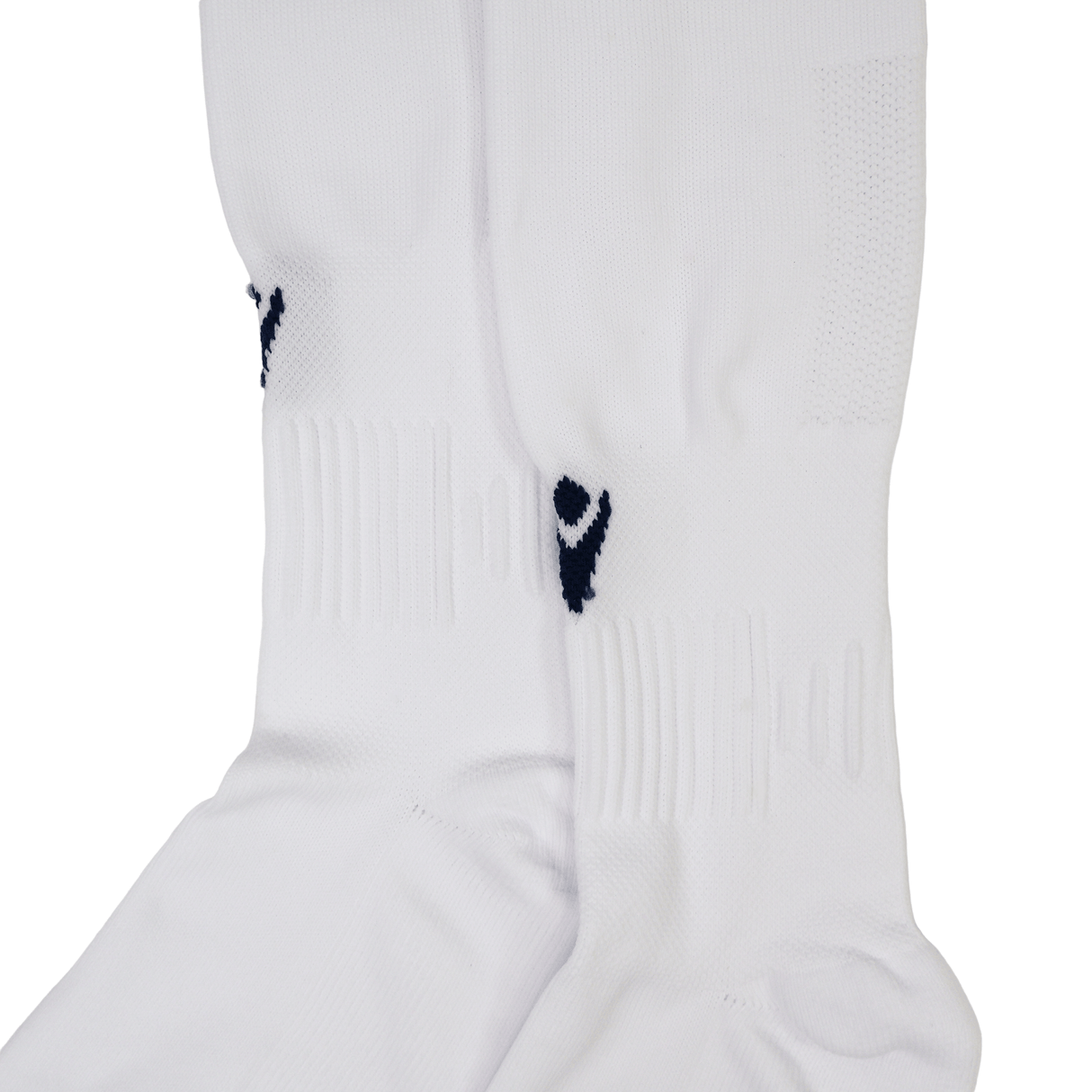 Close-up of white USA Rugby M25/26 Home Socks by Macron with ribbed detailing and a small dark logo near the top, designed for performance and comfort.