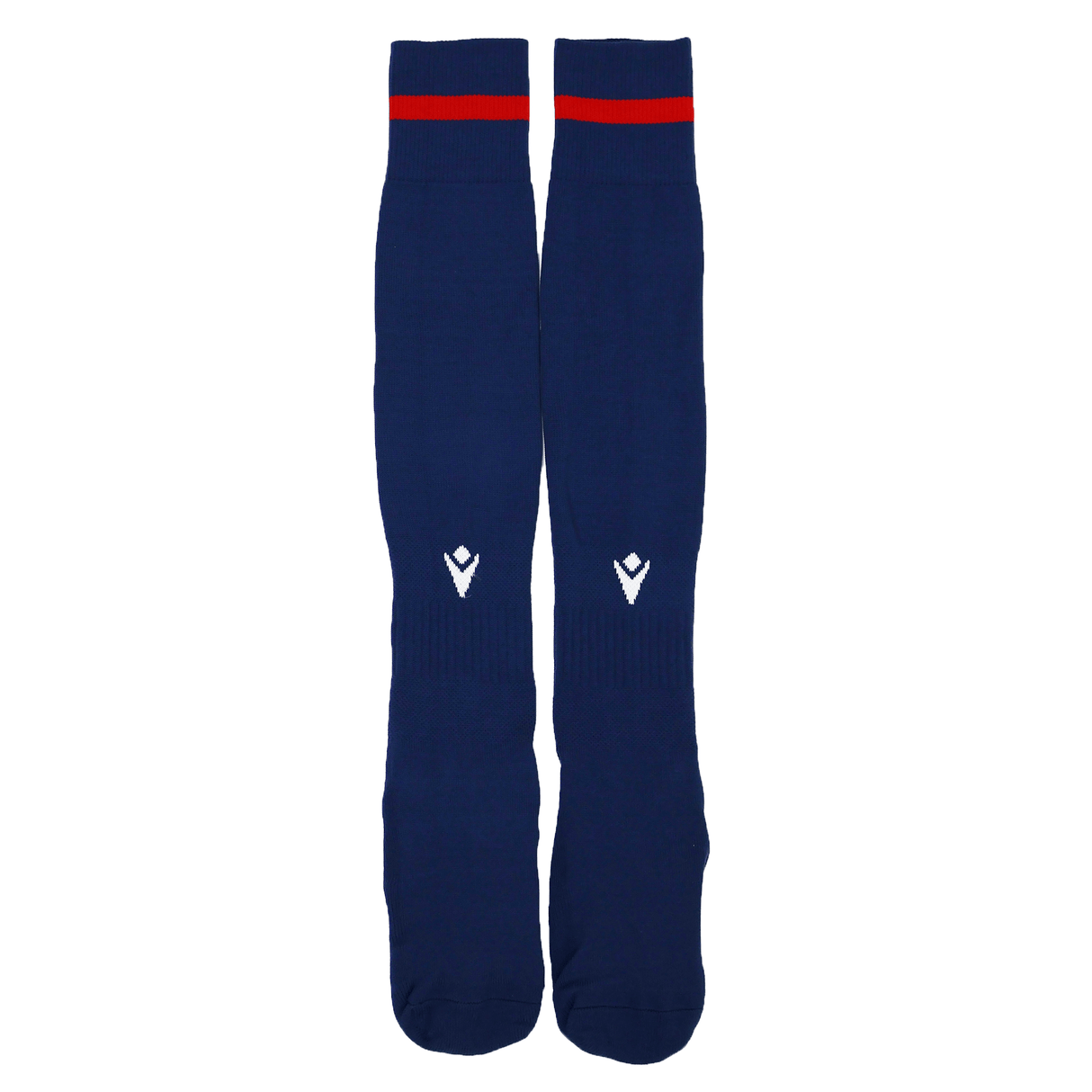 The USA Rugby 25/26 Away Socks by Macron are long navy blue socks featuring red stripes near the top, a white logo below the knee, and are crafted from durable Renycle yarn for added comfort.