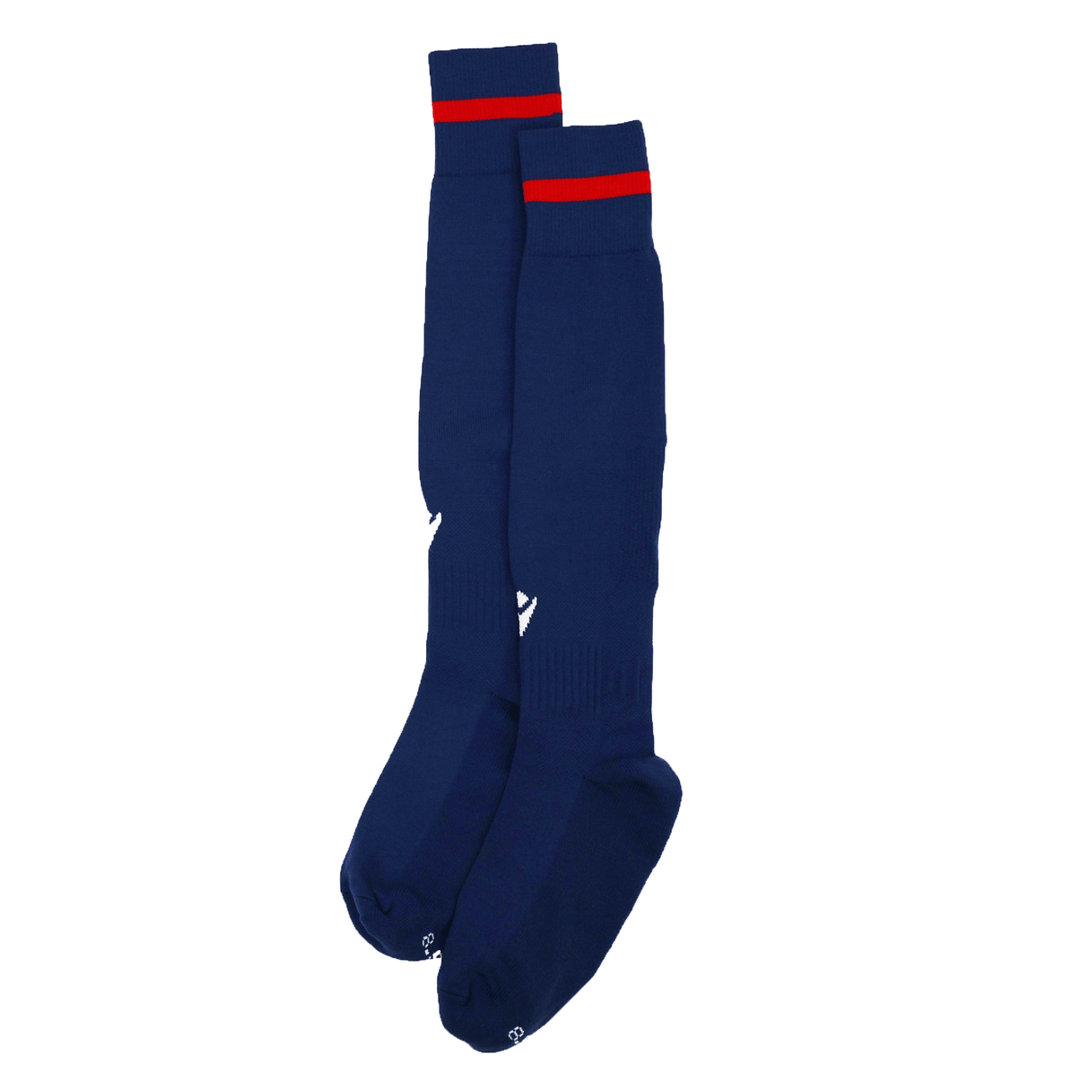 The USA Rugby 25/26 Away Socks by Macron are long navy blue socks with a red stripe near the top, crafted from Renycle yarn, and shown laid flat on a white background.