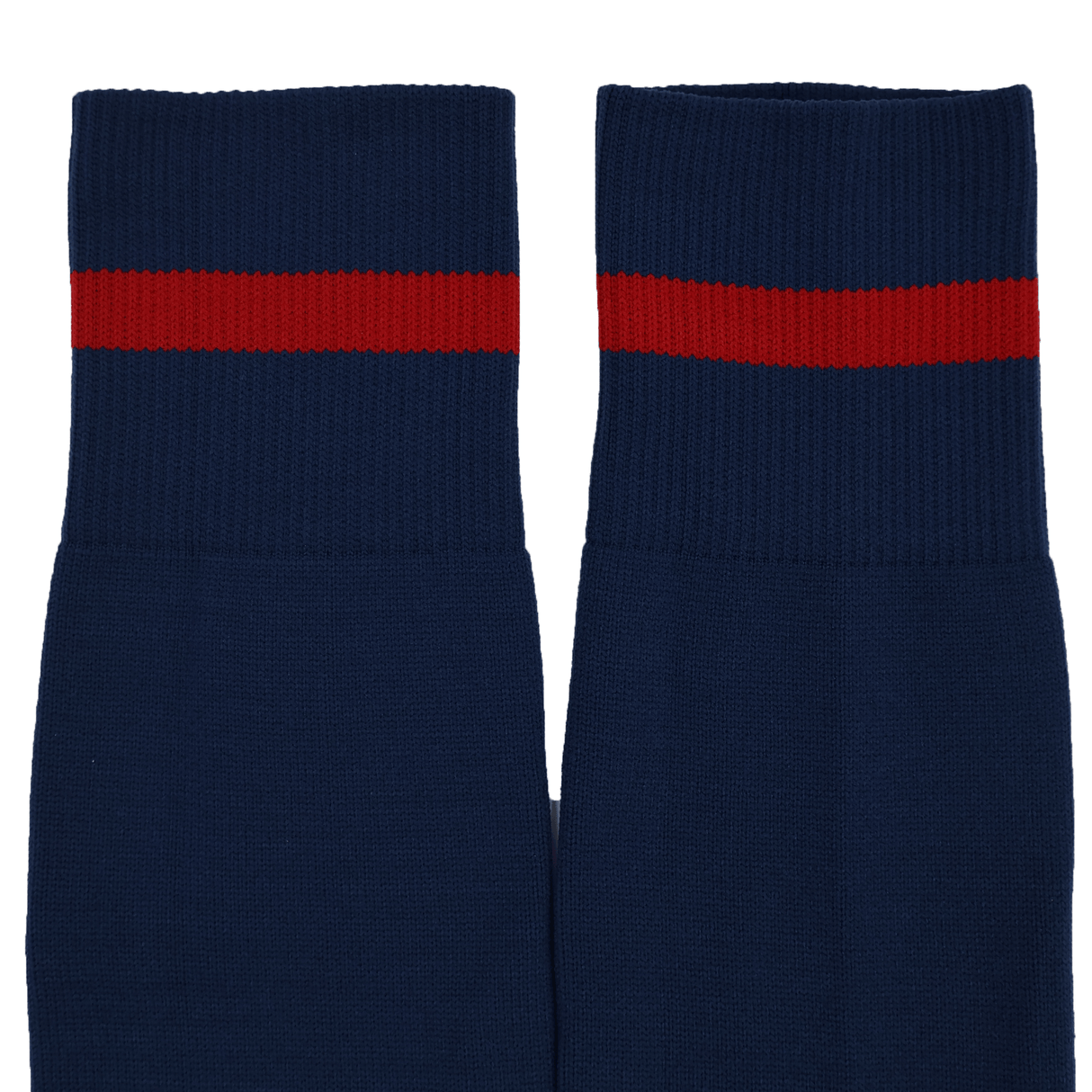 Close-up of two navy blue USA Rugby 25/26 Away Socks by Macron, each with a single horizontal red stripe near the top.