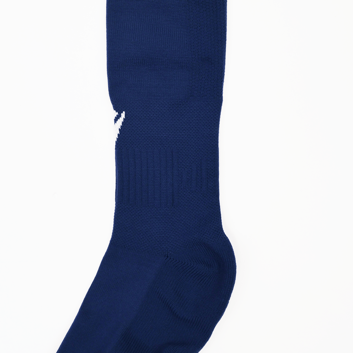 A close-up of the USA Rugby 25/26 Away Socks by Macron, featuring navy blue textured patterns and made from Renycle yarn, shown against a white background.