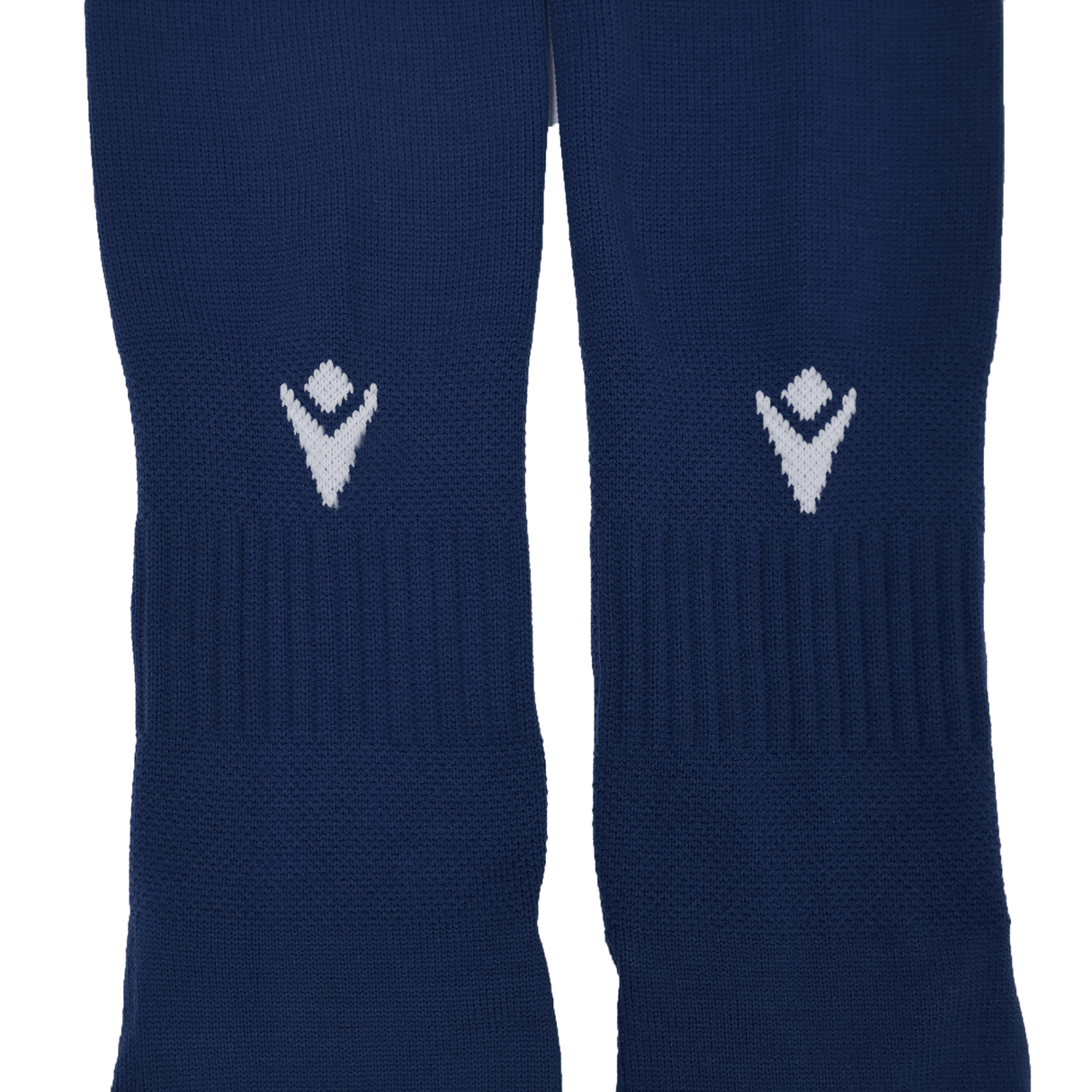 Close-up of two navy blue USA Rugby 25/26 Away Socks by Macron, each featuring a white geometric logo and made with Renycle yarn.
