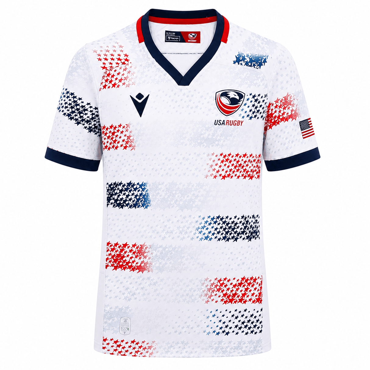 The Youth USA Rugby 25/26 Home Replica Jersey by Macron features red, white, and blue star patterns, a navy collar and sleeve trim, the USA Rugby logo on the chest, and an American flag on the right sleeve—ideal for young fans.