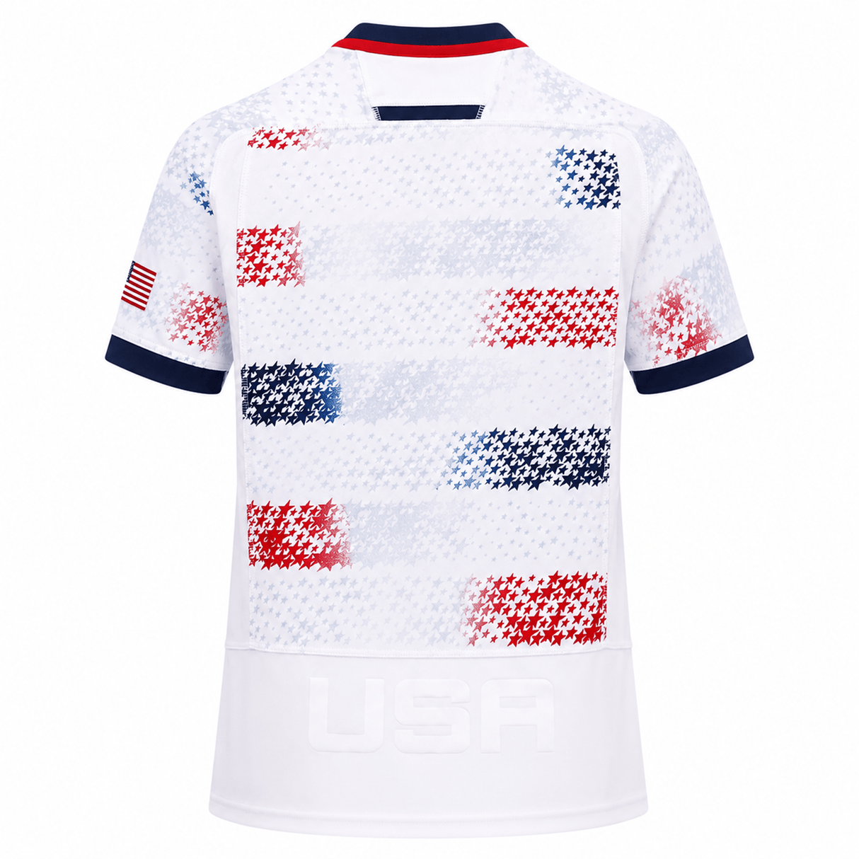 Back view of the Youth USA Rugby 25/26 Home Replica Jersey by Macron, featuring red, white, and blue star patterns, an American flag patch on the sleeve, and "USA" on the lower back—ideal for young rugby fans.