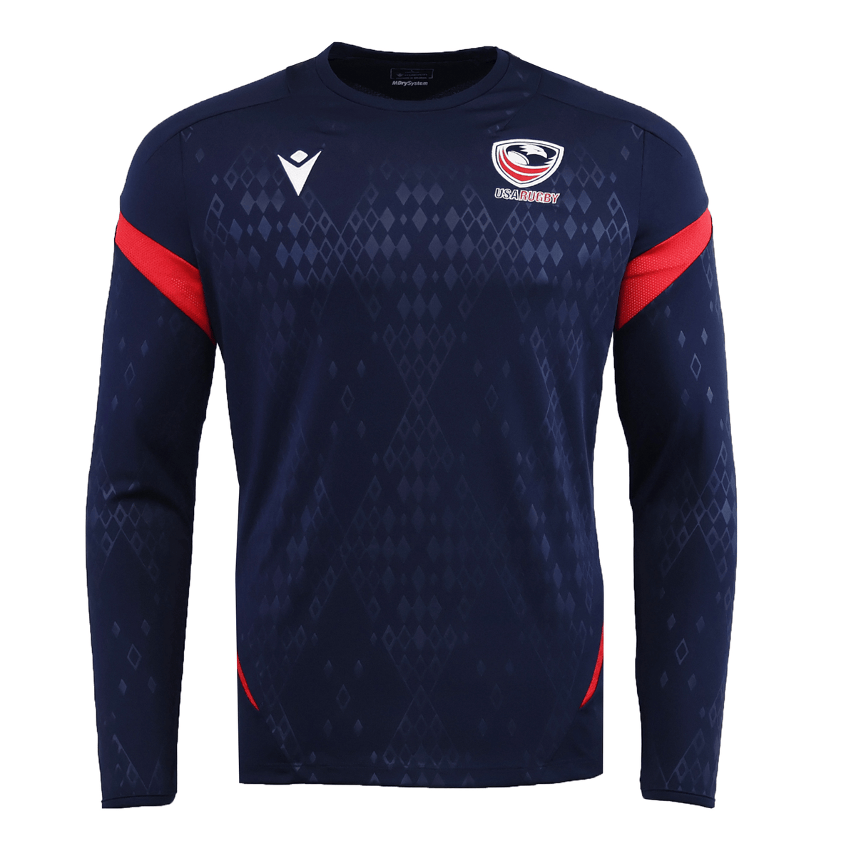 The USA Rugby 25/26 LS Training Poly Shirt by Macron features a navy design with diamond pattern, red sleeve accents, and the USA Rugby logo—an ideal long sleeve training shirt for both practice and casual wear.