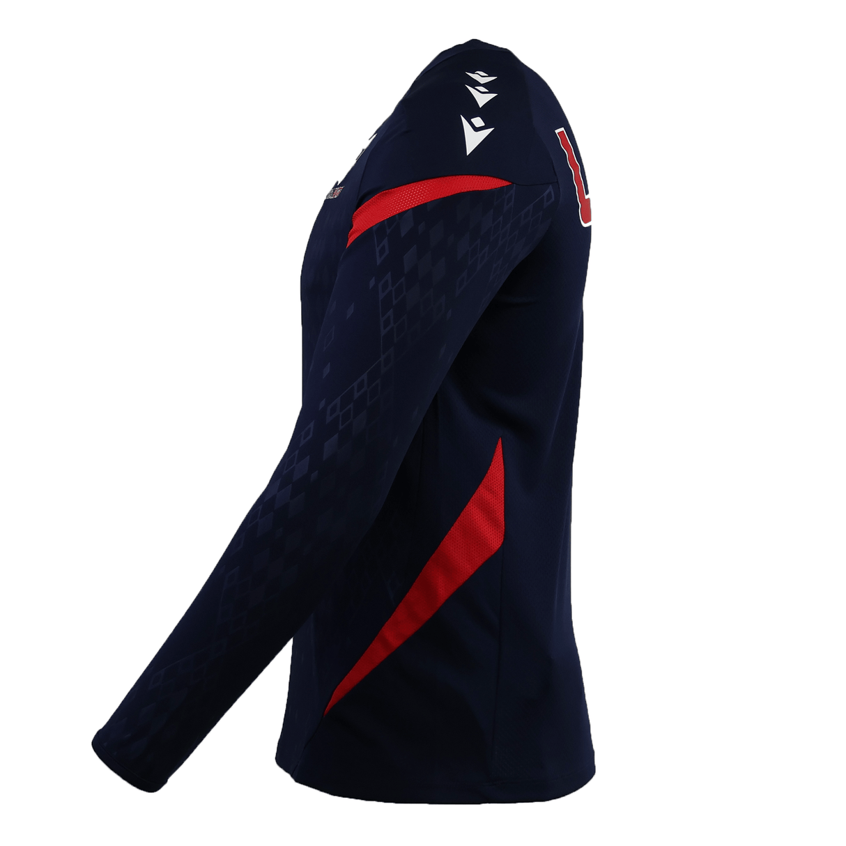 The USA Rugby 25/26 LS Training Poly Shirt by Macron features a navy blue design with red accents and white logos. This long sleeve polyester training top blends performance and style, shown from the side on a plain background.