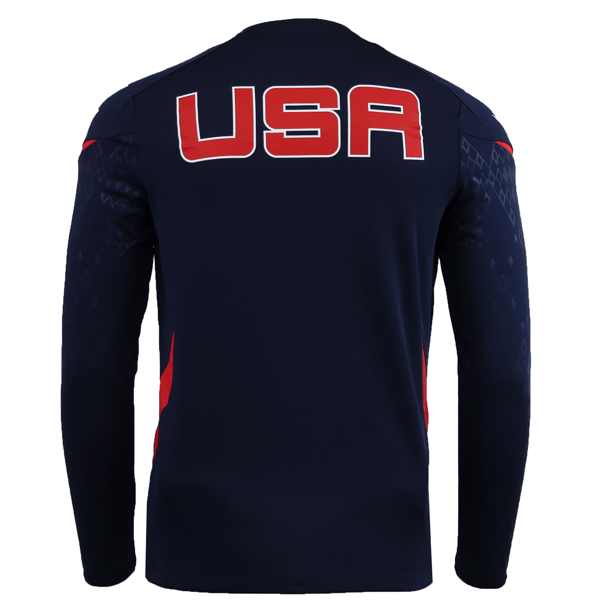 The USA Rugby 25/26 LS Training Poly Shirt by Macron features navy polyester fabric and "USA" in bold red and white across the upper back, making it the perfect official training top for USA Rugby fans.