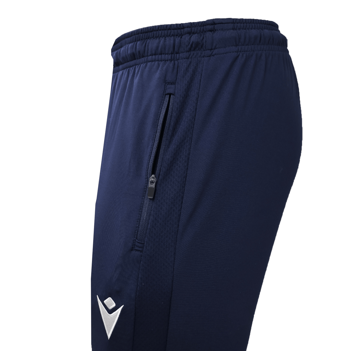 Close-up of the USA Rugby 25/26 Training Fitted Pant by Macron in navy blue, featuring a zippered side pocket and a white logo near the left thigh.