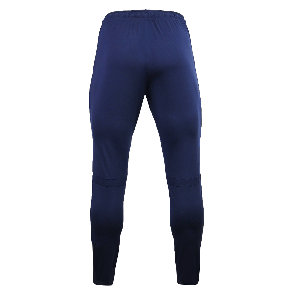 The USA Rugby 25/26 Training Fitted Pant by Macron features a navy blue design with an elastic waistband, tapered legs, and subtle seam detailing above the knees, reflecting the classic style of USA Rugby pants. Shown from the back.
