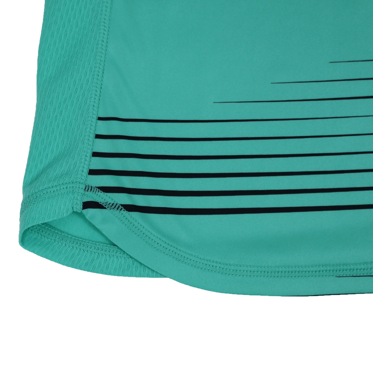 Close-up of the Women's USA Rugby 25/26 Athletics Singlet by Macron, featuring a teal hem with black stripes and mesh side detailing. Designed with moisture-wicking fabric for top athletic performance.