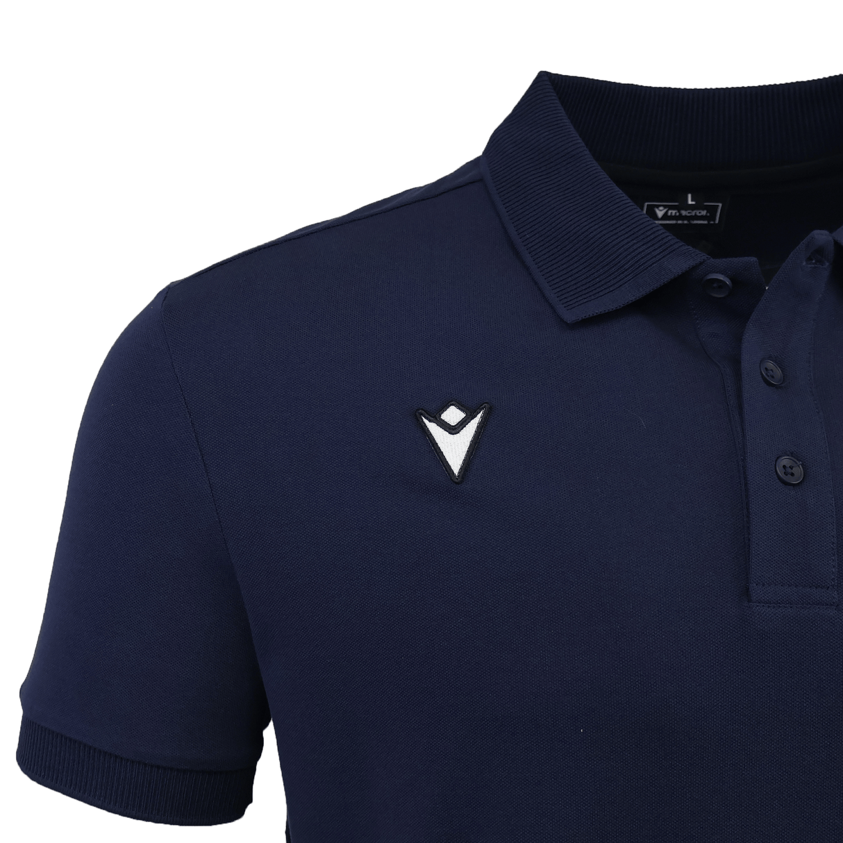 The USA Rugby 25/26 Athleisure Cotton Polo by Macron features a navy blue design, a pointed white and black logo on the chest, and a buttoned collar.