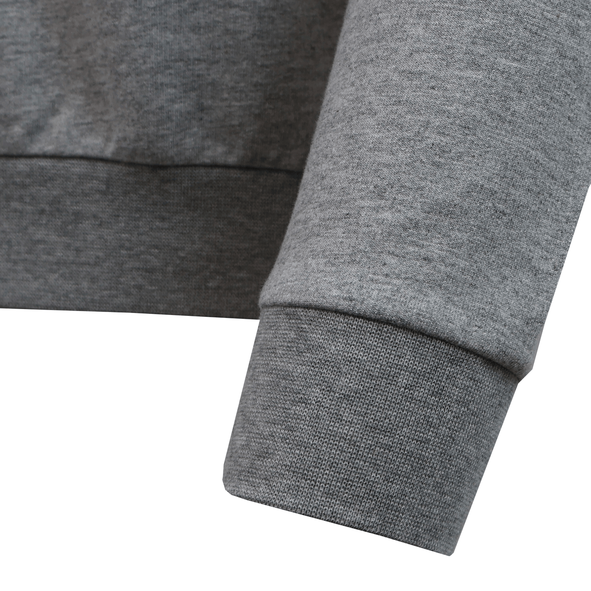 Close-up of the sleeve and hem of the USA Rugby 25/26 Player Travel Sweatshirt by Macron, highlighting the ribbed cuff and waistband against a white background.
