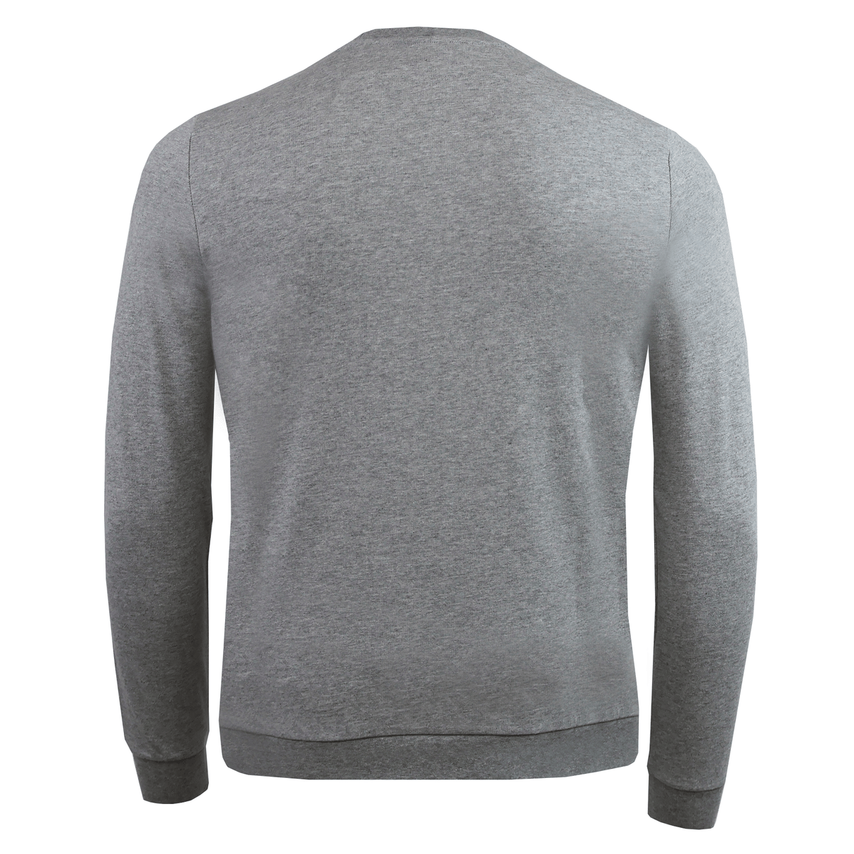 Back view of the USA Rugby 25/26 Player Travel Sweatshirt by Macron, a plain long-sleeved gray crewneck, shown against a white background.