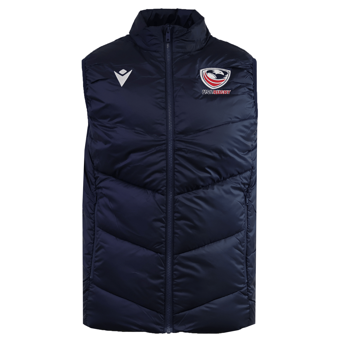 The USA Rugby 25/26 Padded Gilet by Macron features a navy blue design, front zipper, sports logo, white chevron emblem, and USAR 25/26 detail on the chest.
