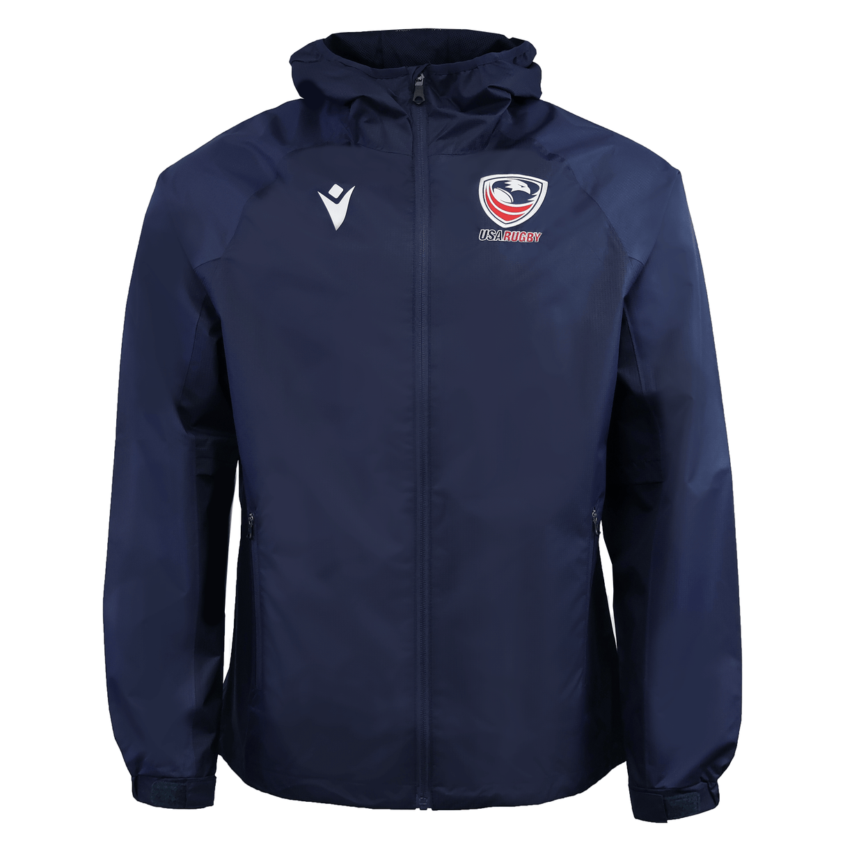 USA Rugby 25/26 Rain Jacket by Macron in navy blue, with a hood, USA Rugby team logo on the right chest, and white Macron logo on the left chest. Brand: Macron. Displayed on a plain background.
